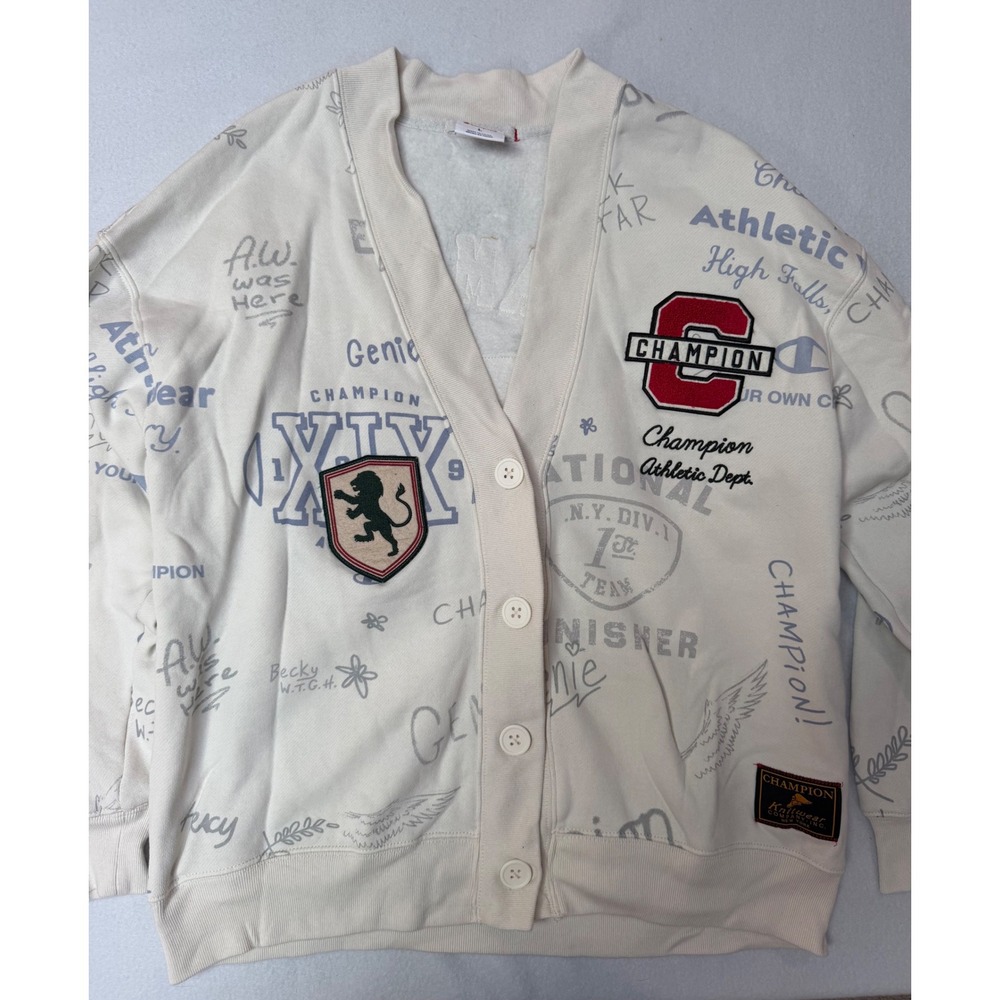 Champion Varsity Cardigan Sweatshirt Cream Doodle Patchwork Logo Large